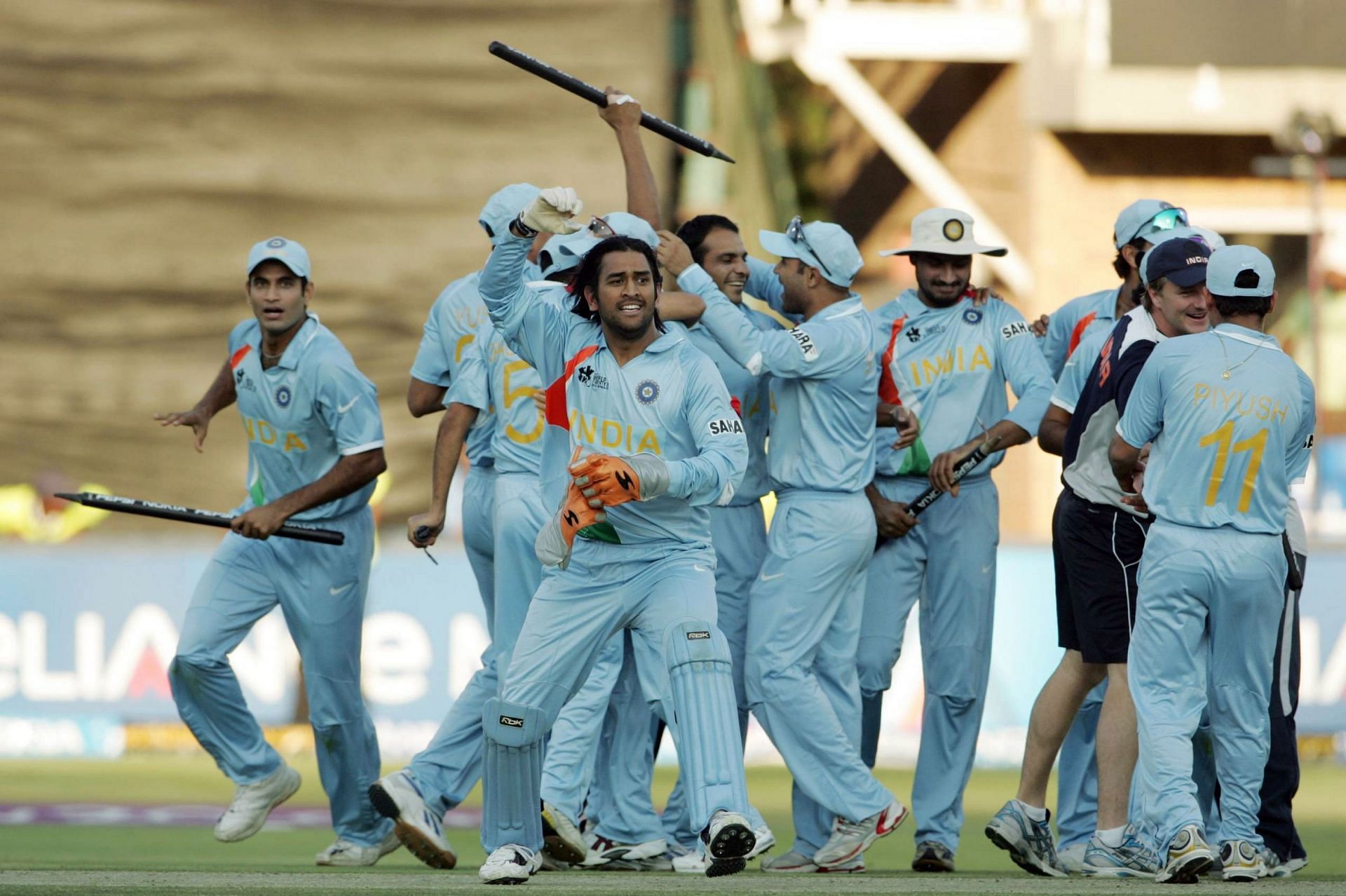 Team India celebrate after beating Pakistan in the 2007 T20 World Cup final. (Image Credit: Getty Images)